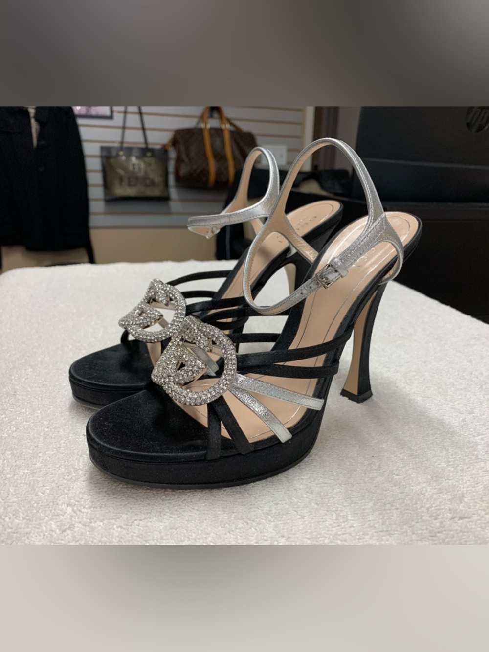 Gucci Black Suede Crystal Interlocking GG Pump Heels - Picture 2 of 16